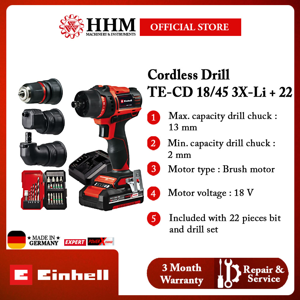EINHELL Cordless Drill TE-CD 18/45 3X-Li +22 1 x 2.0Ah (4513990)