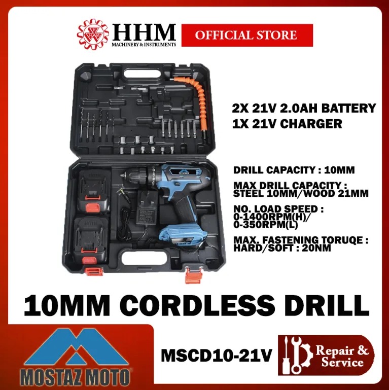 MOSTAZ MOTO 21V Cordless Drill Set – 10mm Drill with 2 Batteries & Accessories | DIY & Home Use