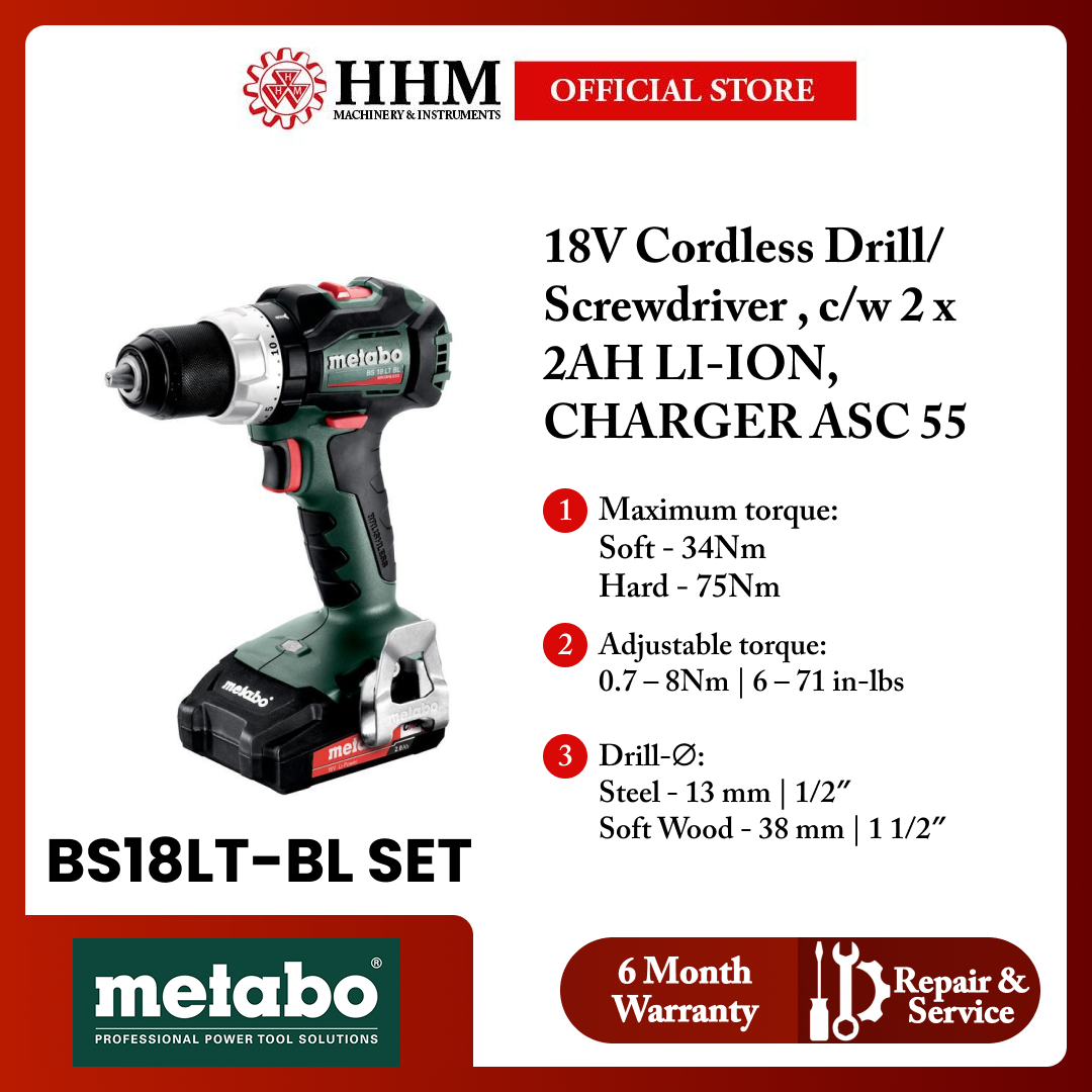 METABO 18V Cordless Drill/ Screwdriver BS18 LT BL, c/w 2 x 2AH LI-ION, CHARGER ASC 55