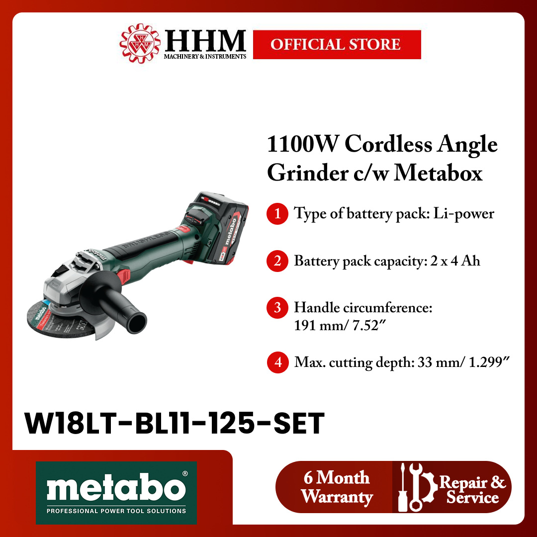 METABO  5″ 1100W Cordless Angle Grinder c/w Metabox, W18LT BL 11-125 SET
